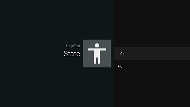 Image showing the Large Text State screen with On selected
